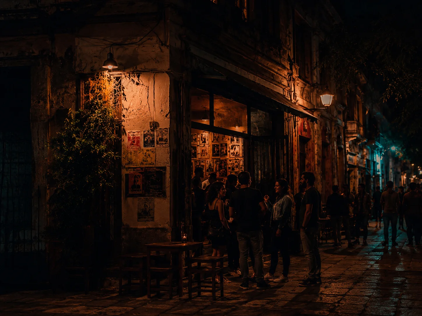 Fachada urbana antiga com pessoas conversando em frente a um bar cultural à noite